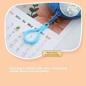 Macro detail of plush blue coin purse showing fine stitching, sequins, and plastic hook