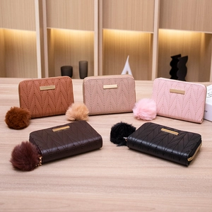 Women Small Wallet PU Leather V-Quilted Short Zipper Coin Purse With Pom-Pom Pendant Elegant Fashion Card Holder