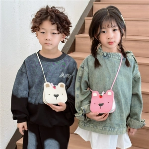Cute cartoon bear crossbody bags for kids in white and pink colors with adjustable straps
