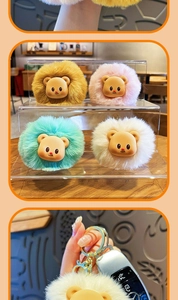 Detail of colorful plush bear keychains in yellow, pink, green, and white for bags