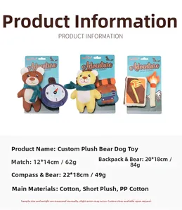 Detail view of plush dog toy sets showing dimensions for bear and lion adventure themes