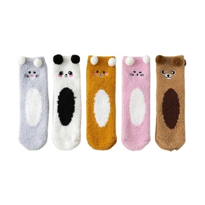 Cozy winter coral fleece thermal socks featuring 3D animal ears in 5 soft pastel colors