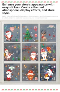 Detail view of festive window stickers featuring Santa, reindeer, and snowflakes