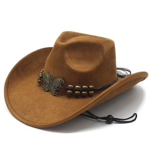 Western Cowboy Hat Faux Suede Butterfly Buckle Retro Ethnic Wide Brim Fedora Jazz Hat Sun Shade Windproof Cord