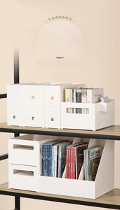 Detail of white minimalist multi-functional storage boxes on a metal and wood shelf