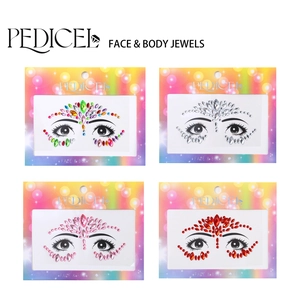 Detail view of 4 color sets of acrylic face jewels on gradient card packaging