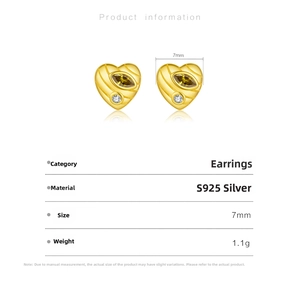 Detail of S925 silver heart stud earrings with brown marquise zircon and 7mm size