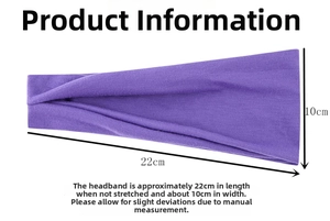 Purple elastic yoga headband size detail showing 22cm length and 10cm width measurement