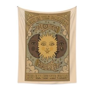 Bohemian sun and moon astrology wall tapestry with celestial motifs and mystical phrases