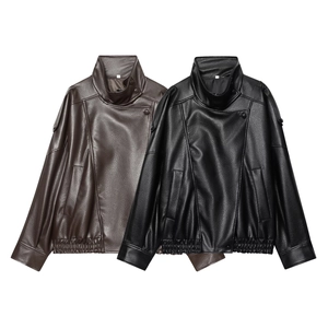 Veste vintage en similicuir PU pour femme avec col montant en marron et noir mat