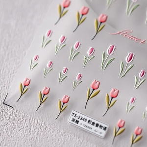 5D geprägte Tulpen-Nagelaufkleber mit rosa Blumendesigns und grünen Blattakzenten