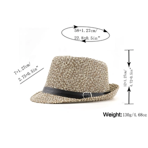 Detailed view of British style Panama straw hat with black band and size measurements