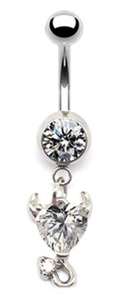 Detailed view of silver heart-shaped devil eye belly ring with cubic zirconia inlay