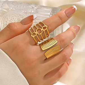 Geometric Open Ring Stainless Steel 18K Gold Plated Adjustable Wide Band Vintage Ethnic Style For Women