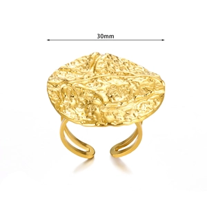 Adjustable gold geometric hammered metal ring featuring a large 30mm round textured disk