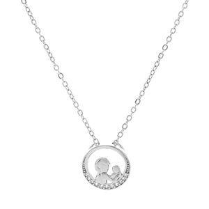 Detailed close-up of a silver mother and child silhouette pendant with sparkling zircon accents