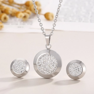 Elegant silver stainless steel jewelry set with sparkling round pave crystal accents