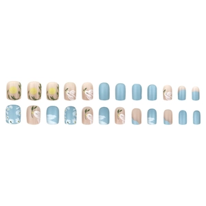 Short matte press-on nails with blue and beige hand-painted floral and dove illustrations