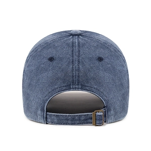 Adjustable washed cotton baseball cap in deep blue with vintage embroidery and metal buckle