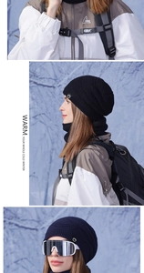 Detail of winter knitted hat and neck gaiter set featuring warm fleece lining and logo