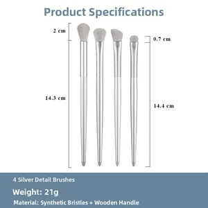 Detailed dimensions of 4pcs silver eye shadow brush set with fiber bristles and wood handle