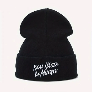 Black Real Hasta La Muerte embroidered knit beanie cap with ribbed texture for winter