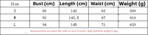 Detailed size chart for the ruched sleeveless maxi dress with metal accents
