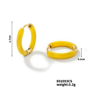 Detail view of yellow enamel hoop earrings showing 1.7cm diameter and 0.3cm width