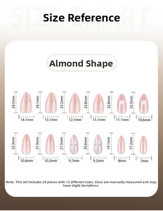 Size reference chart for almond-shaped press-on nails with 12 sizes and measurements
