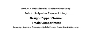Specifications of quilted makeup bag with polyester fabric, canvas lining and zipper