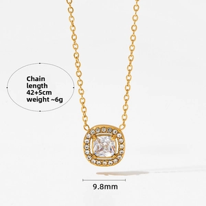 Detailed view of square cubic zirconia pendant with 42+5cm gold-plated chain dimensions