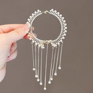 Elegant pearl fringe hair clip with crystal accents and tassel for hair bun styling
