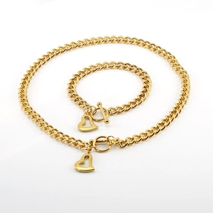Cuban Link Chain Necklace And Bracelet 18K Gold Plated Stainless Steel Heart Pendant Toggle Clasp Hiphop Jewelry For Women Men