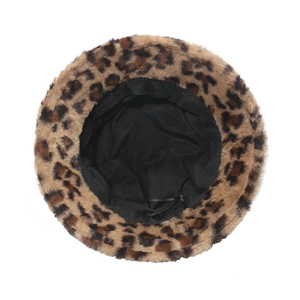 Detailed interior view of leopard print bucket hat with black fabric lining and trim