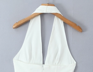 Close-up of a white halter-neck top with deep V-neckline and back zipper on hanger