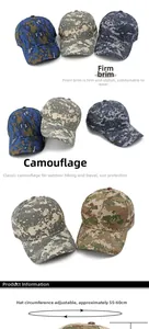Detail view of cotton camo baseball cap with adjustable strap and hard top structure