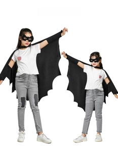 Kids black bat wings cape and mask set shown in two sizes for Halloween cosplay