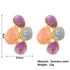 Three-color oval drop earrings in stainless steel with purple and blue enamel