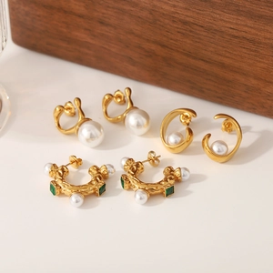 Vintage Unregelmäßige Lava Edelstahl Ohrringe Mit Künstlichen Künstliche Perlen Und Grüne Edelstein Für Damen Mode Schmuck