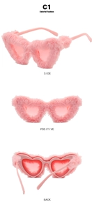 Multiple views showing the front, side and back of plush pink heart-shaped sunglasses