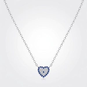 Heart Pendant Necklace 925 Sterling Silver With Blue White Cubic Zirconia Evil Eye Style Dainty Jewelry For Women