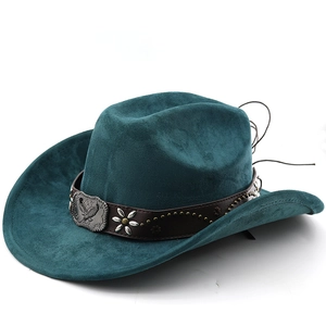 Dark green faux suede western cowboy hat with eagle buckle and silver floral metal studs