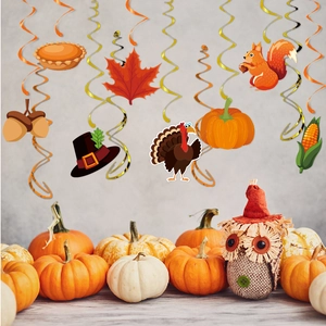 Thanksgiving hanging swirl decorations with pumpkin and autumn leaf motifs for party decor