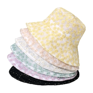 Women Daisy Embroidery Lace Bucket Hat Breathable Summer Mesh Sun Protection Fisherman Cap Sweet Floral Pastoral Style