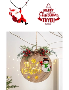 Detail of wooden Merry Christmas round hanging sign with snowman and festive pine needles