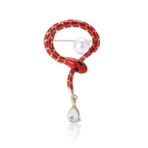 Exquisite gold snake brooch with red enamel and hanging pearl and crystal drops