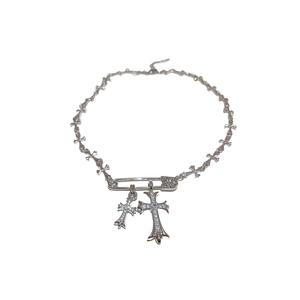 Silver safety pin necklace with cross pendants and zircon inlay for women