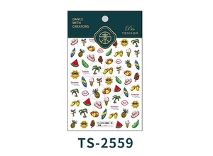 Stickers à ongles en relief détaillés avec fruits d'été, palmiers et icônes solaires