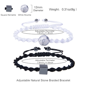 Adjustable 12mm white howlite and black hematite braided stone bracelet for couples