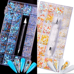 Close-up of 21-grid nail rhinestone kit with flatback gems and dual-ended wax picker tool